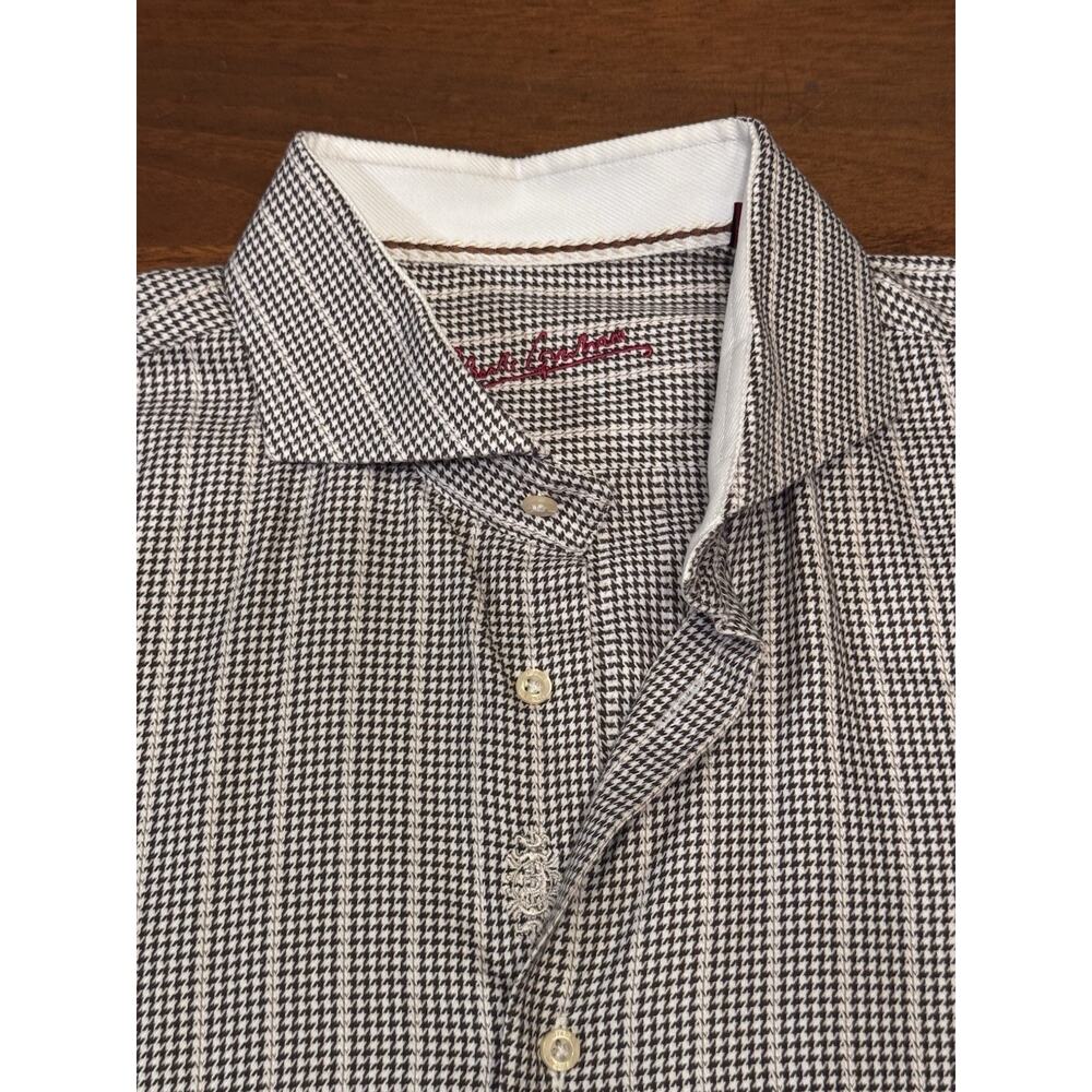 XL Robert Graham Brown Gray Houndstooth Stripe Button Up Shirt Flip Cuff
